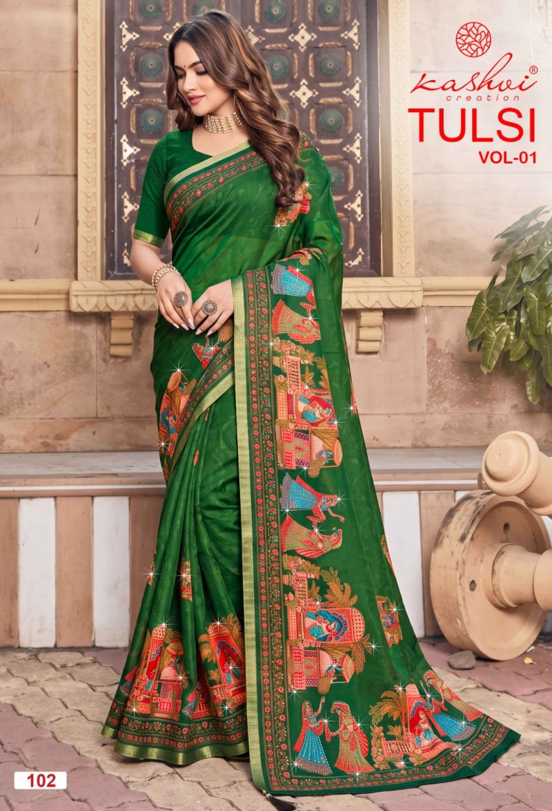Tulsi Vol 1 By Kashvi Dull Moss Kesab Border Saree 
